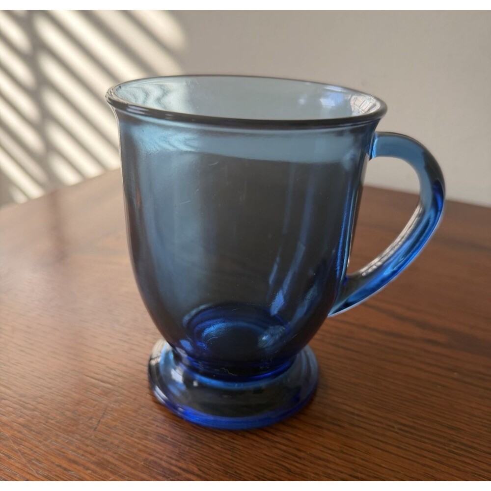 Anchor Hocking Cafe Denim Blue Mug Pedestal Handle Coffee Cup Glassware